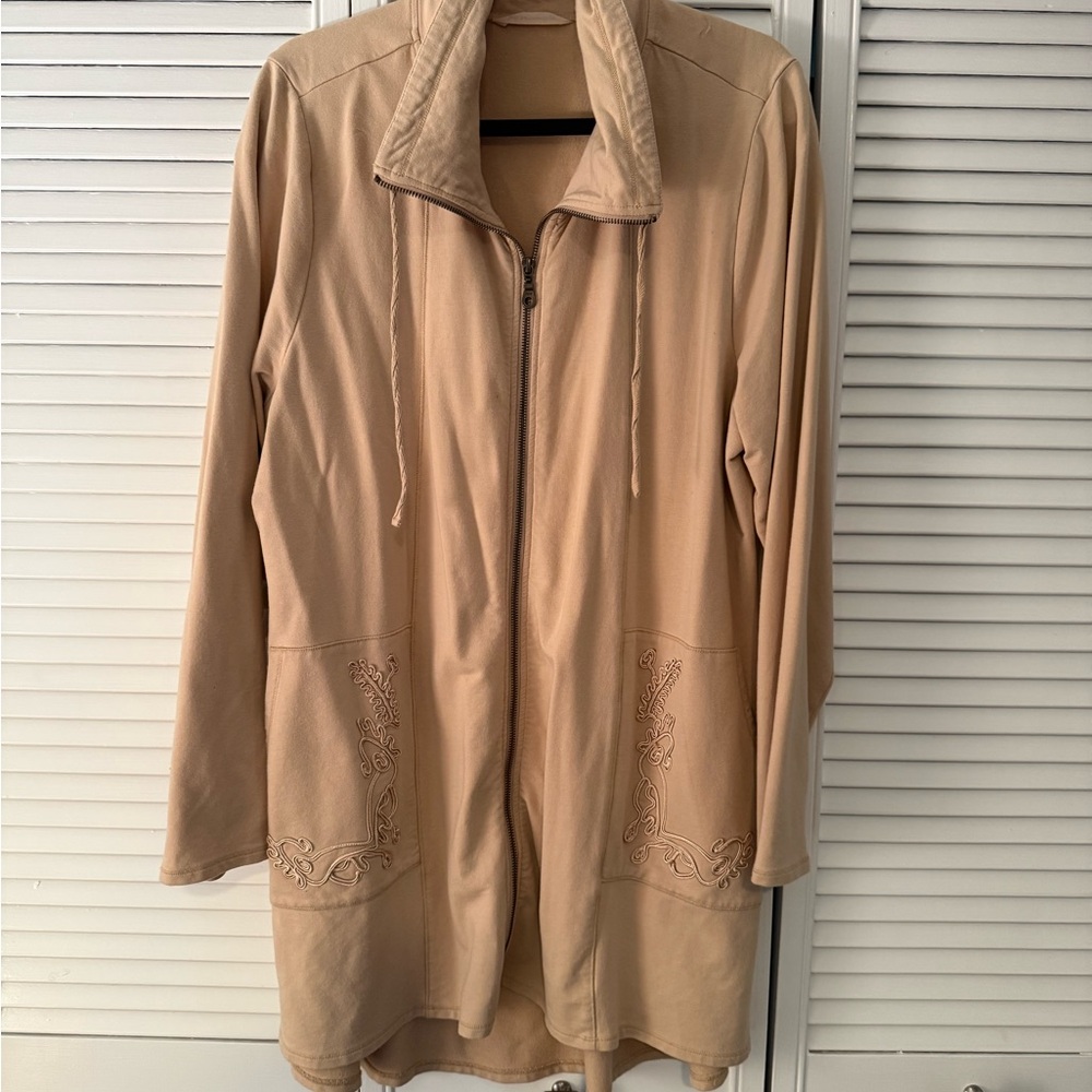Elegant Tan Knit Zip front Sweater Tunic with Embroidery